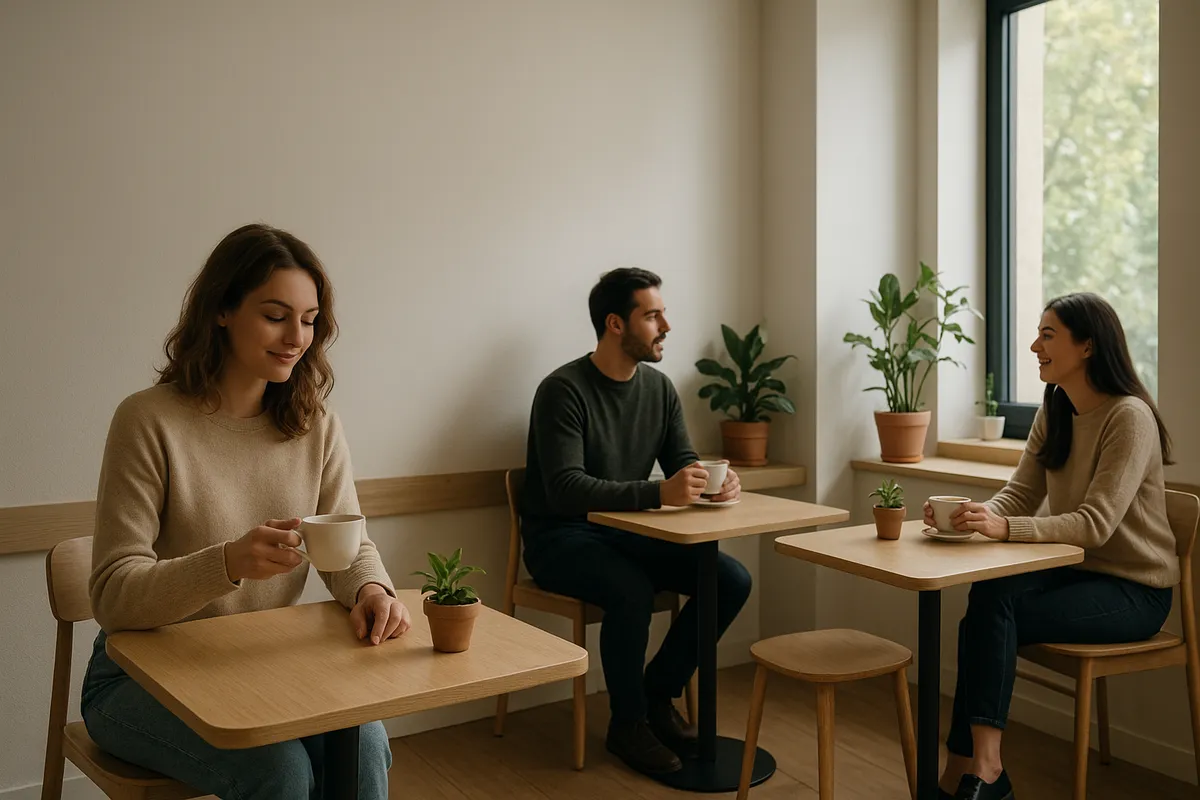 様々なカフェの雰囲気、コーヒー抽出、ラテアートなどを捉えた複数の場面。