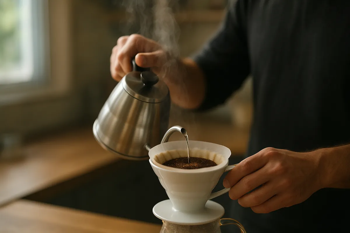 自宅でのコーヒー抽出技術と道具の様々な場面を示すコレクション。