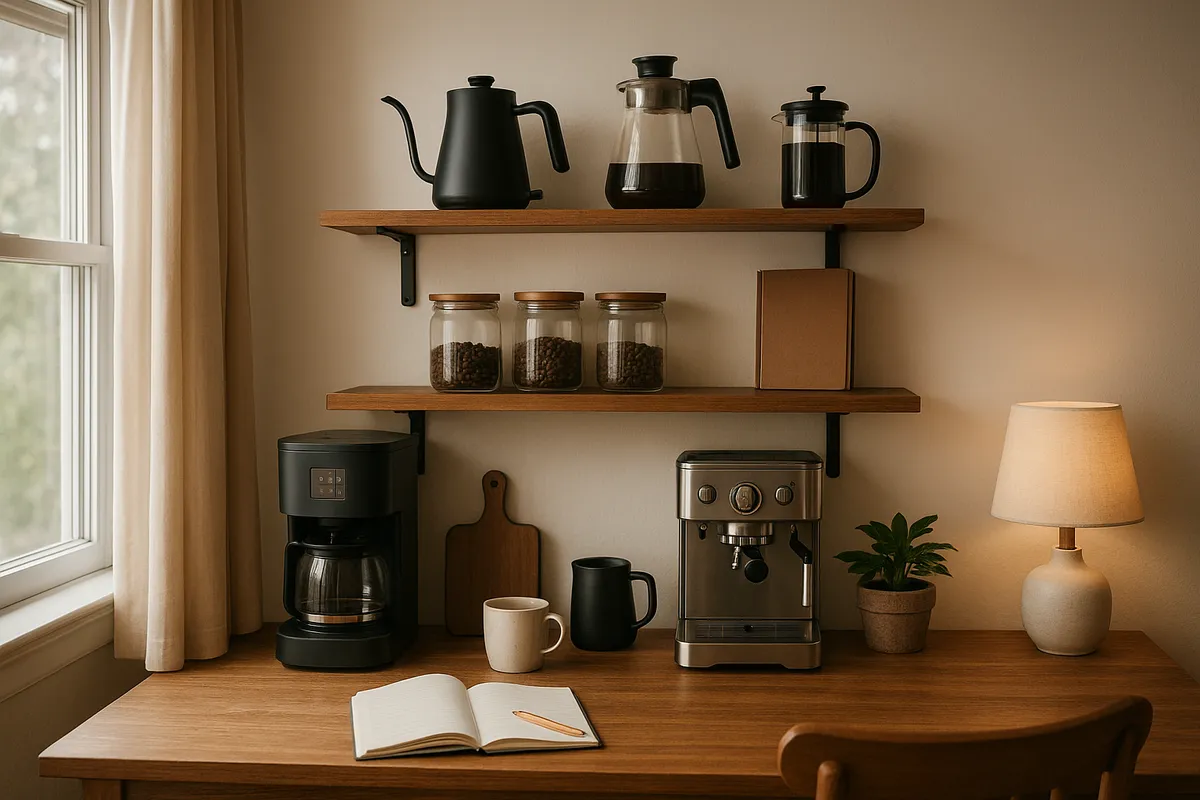 自宅でのコーヒー抽出技術と道具の様々な場面を示すコレクション。