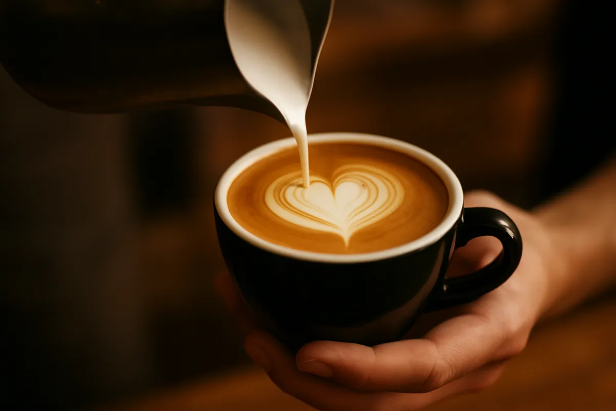 ラテアートの技術を示す美しいコーヒーカップと注ぎ手の様子。