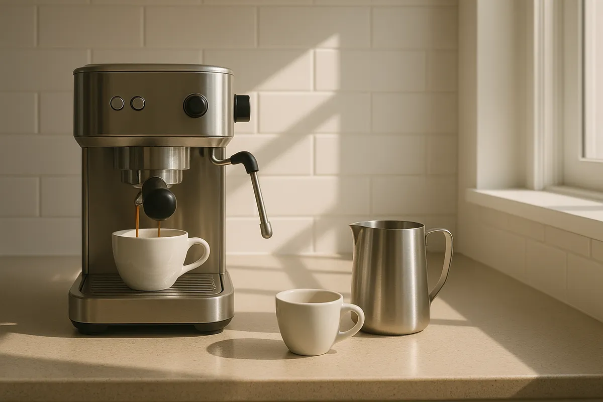 ラテアートの技術を示す美しいコーヒーカップと注ぎ手の様子。