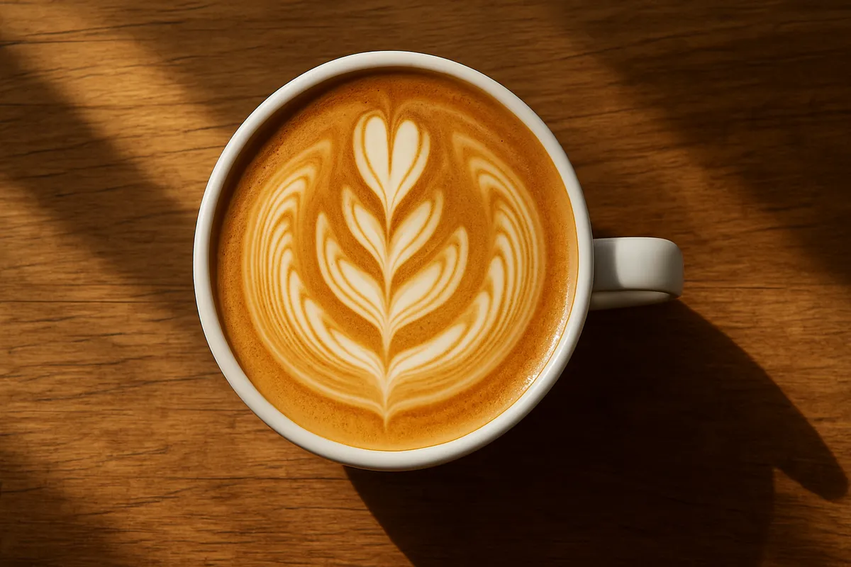 ラテアートの技術を示す美しいコーヒーカップと注ぎ手の様子。