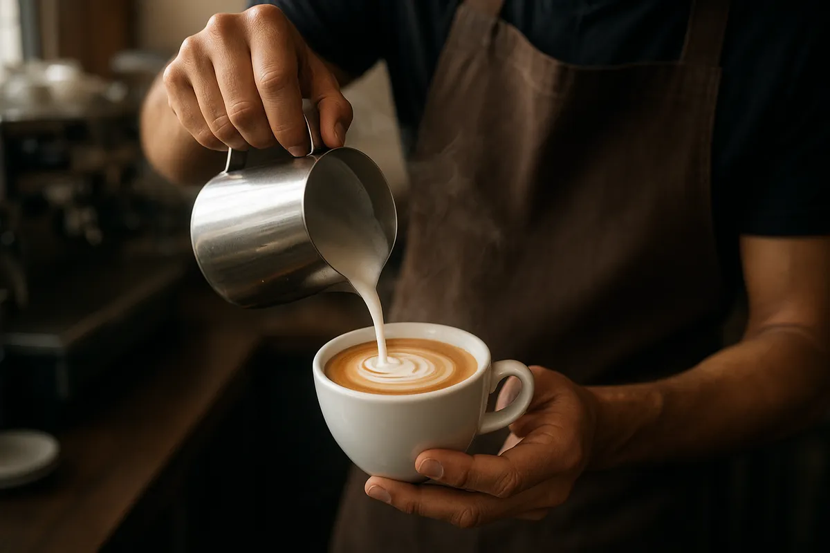 ラテアートの技術を示す美しいコーヒーカップと注ぎ手の様子。