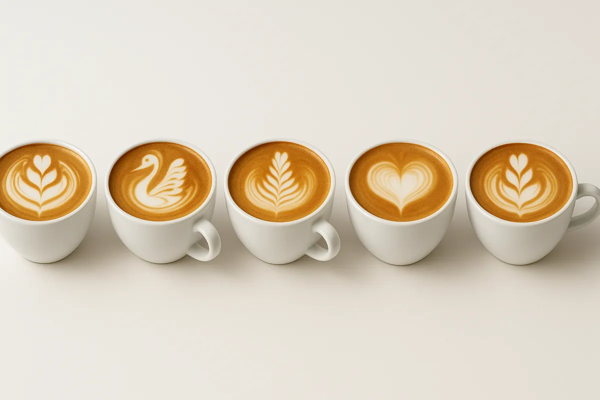 ラテアートの技術を示す美しいコーヒーカップと注ぎ手の様子。