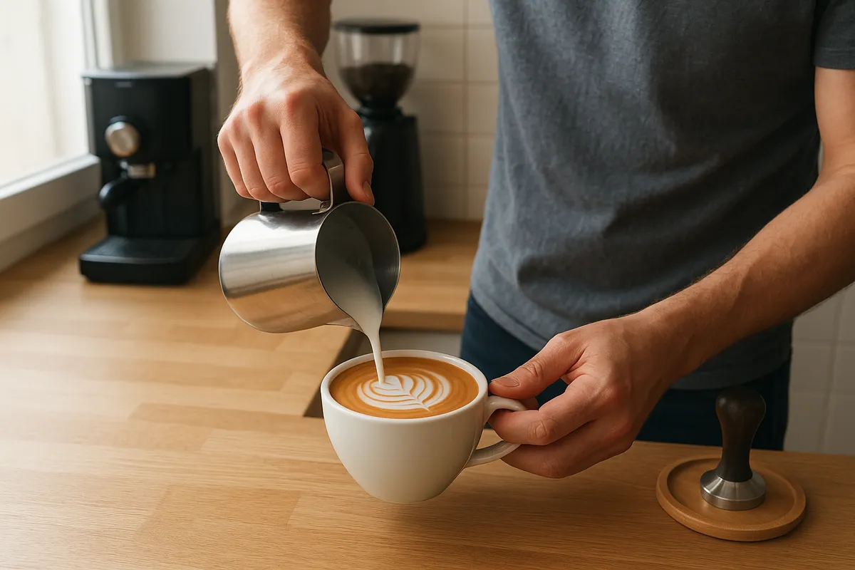 ラテアートの技術を示す美しいコーヒーカップと注ぎ手の様子。