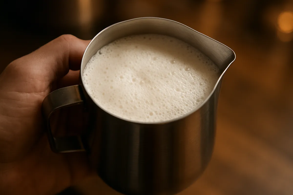 ラテアートの技術を示す美しいコーヒーカップと注ぎ手の様子。