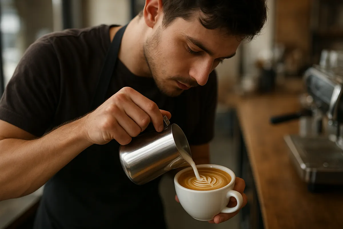 ラテアートの技術を示す美しいコーヒーカップと注ぎ手の様子。