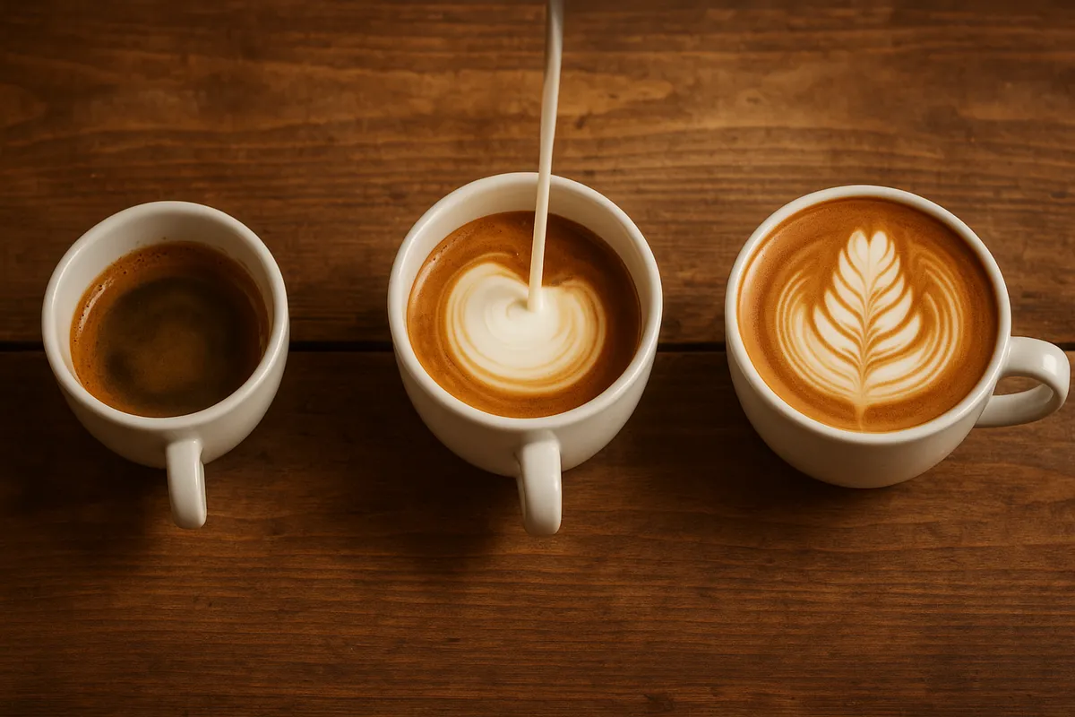 ラテアートの技術を示す美しいコーヒーカップと注ぎ手の様子。