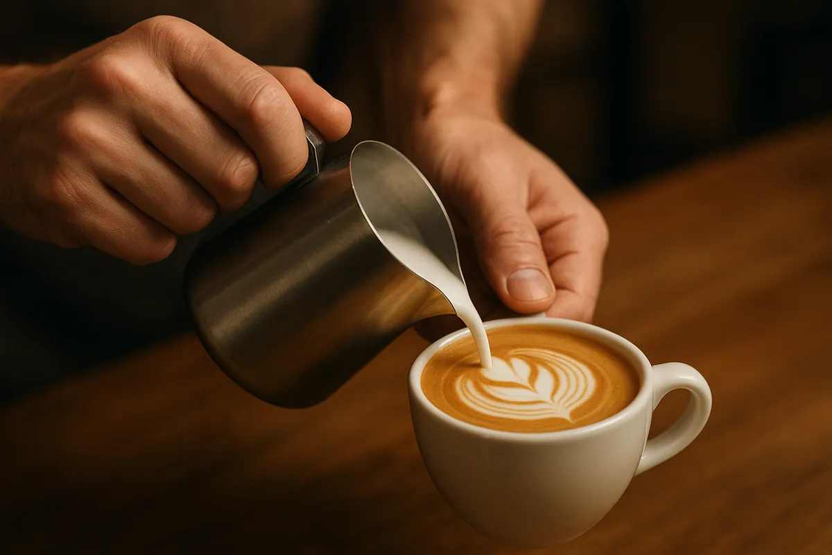 ラテアートの技術を示す美しいコーヒーカップと注ぎ手の様子。
