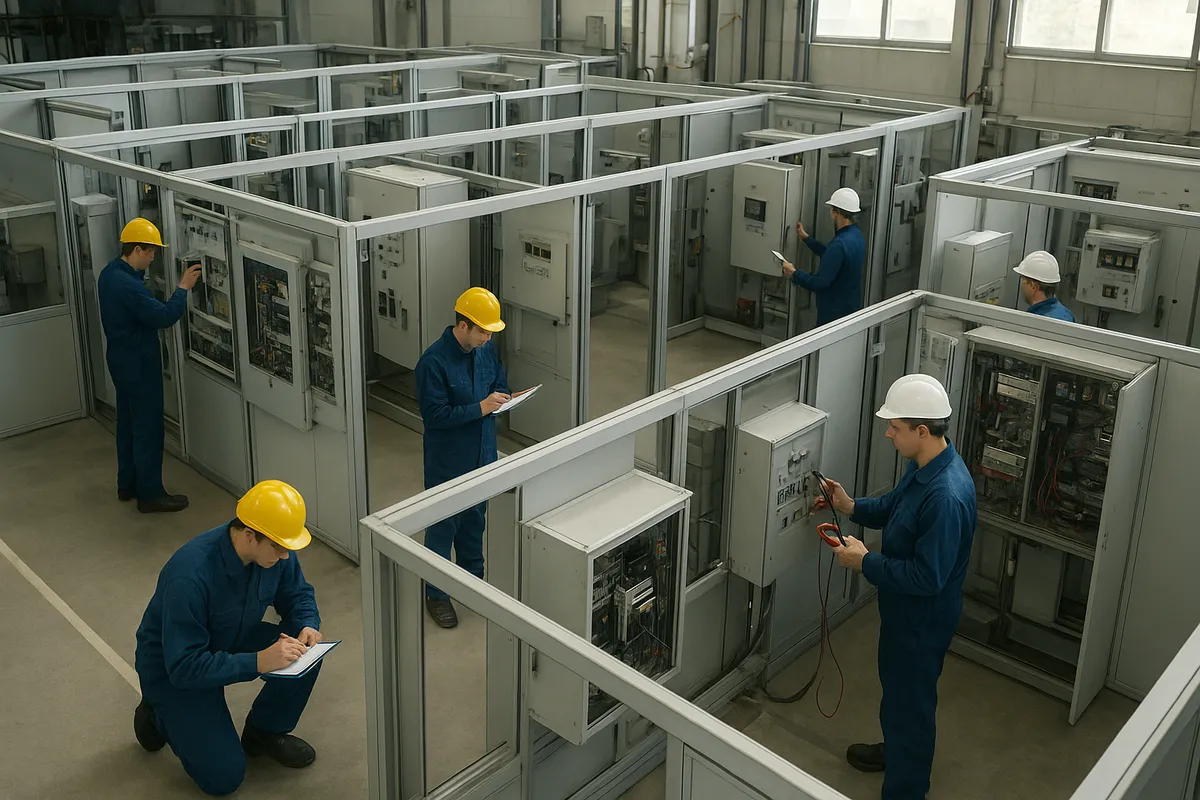 高圧受電設備キュービクルの点検・保守作業を複数の角度から示す専門技術者による定期メンテナンスと診断風景。