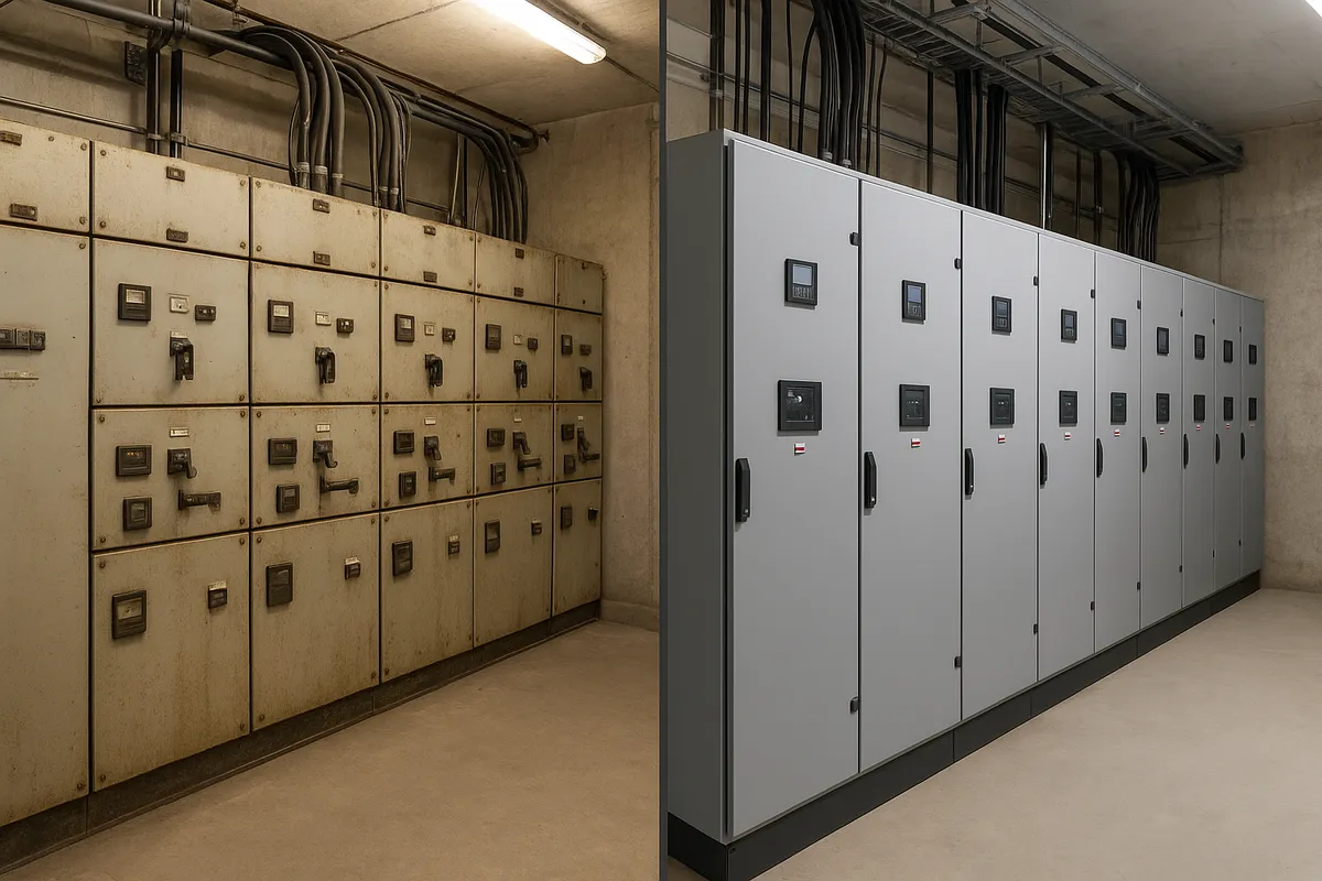 高圧受電設備キュービクルの導入に際する利点と課題の実践的な比較を示す産業用電気施設の画像。