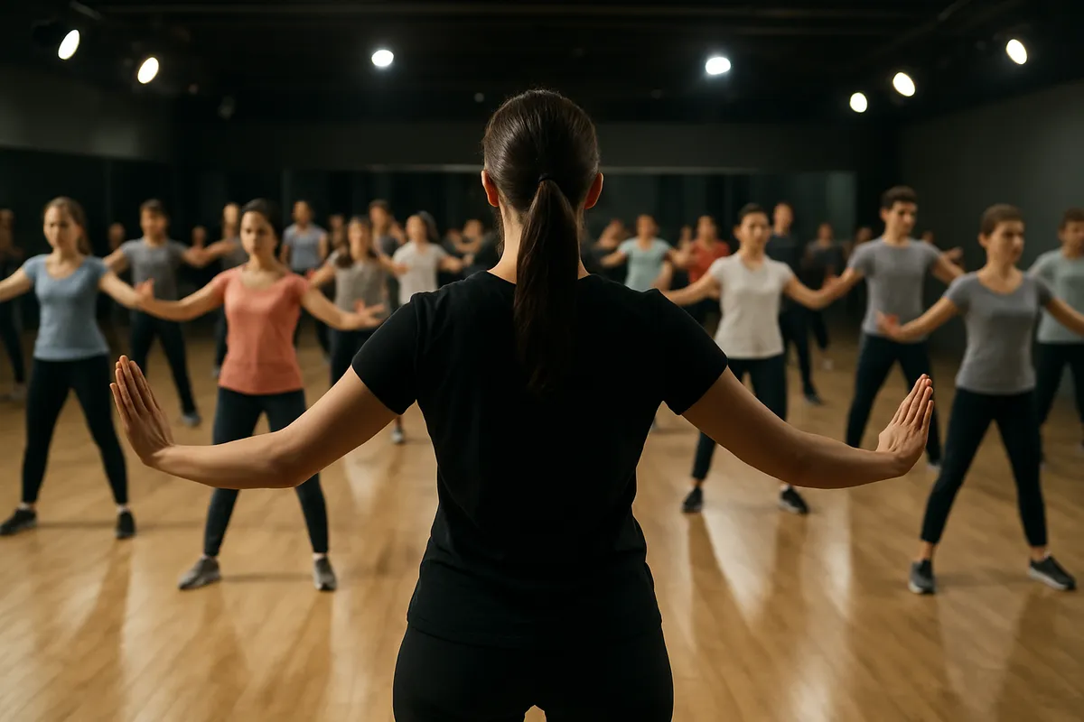 ダンススクールで初心者向けのレッスンを受ける生徒たちの様子。