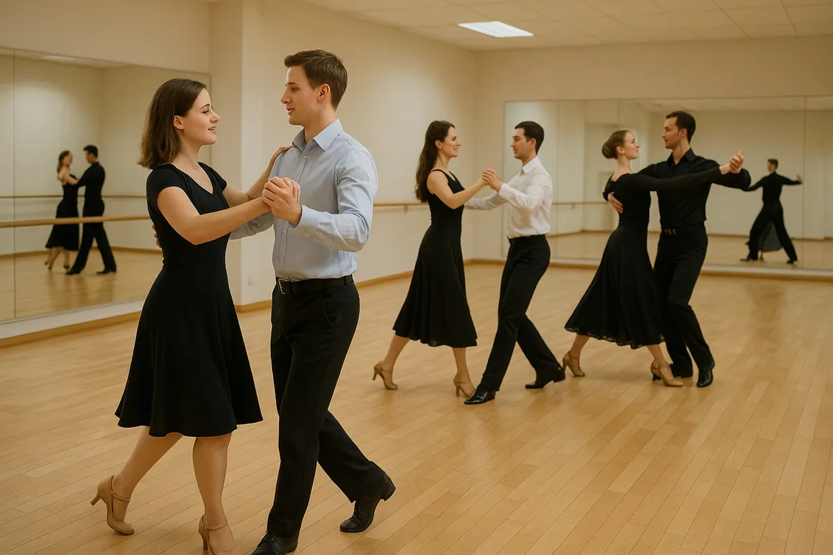 社交ダンスのカップルが優雅なパフォーマンスをしている様子