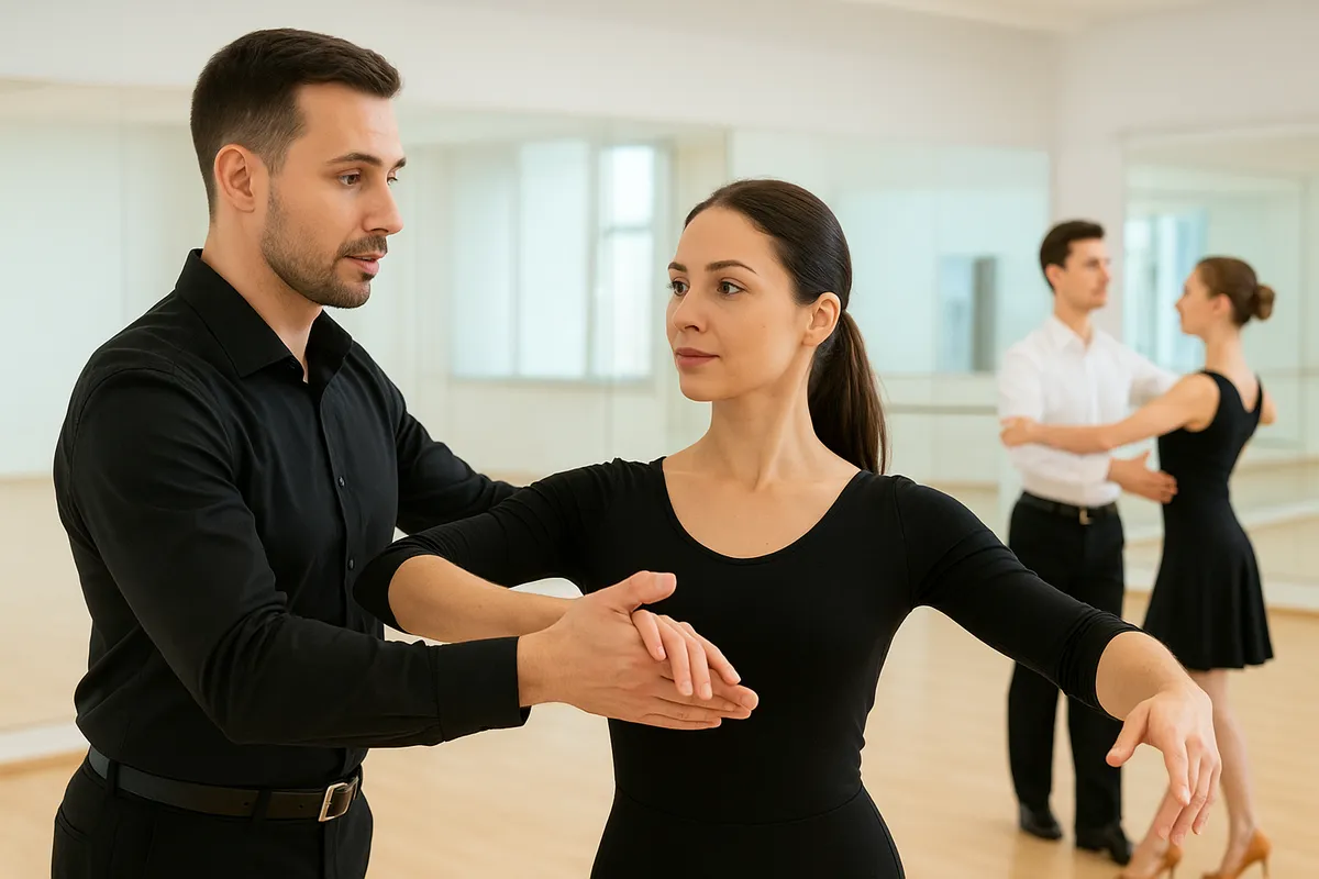 社交ダンスのカップルが優雅なパフォーマンスをしている様子