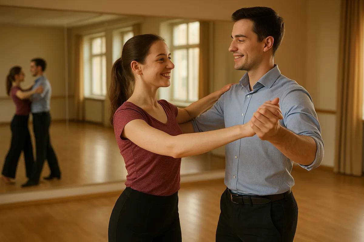 社交ダンスのカップルが優雅なパフォーマンスをしている様子