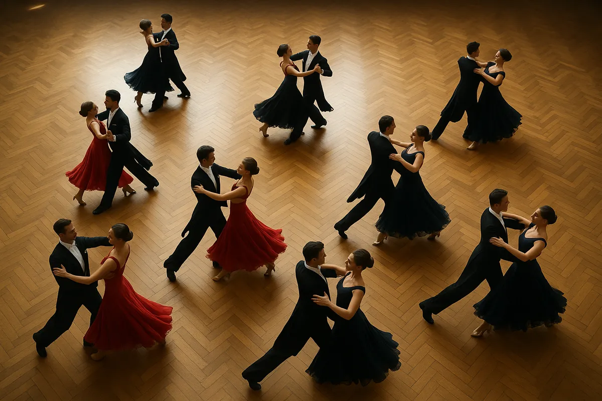 社交ダンスのカップルが優雅なパフォーマンスをしている様子