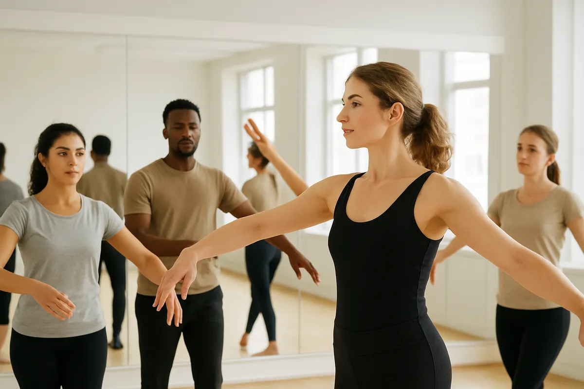 ダンス初心者がスタジオで基本的なステップと姿勢を学んでいる様子。