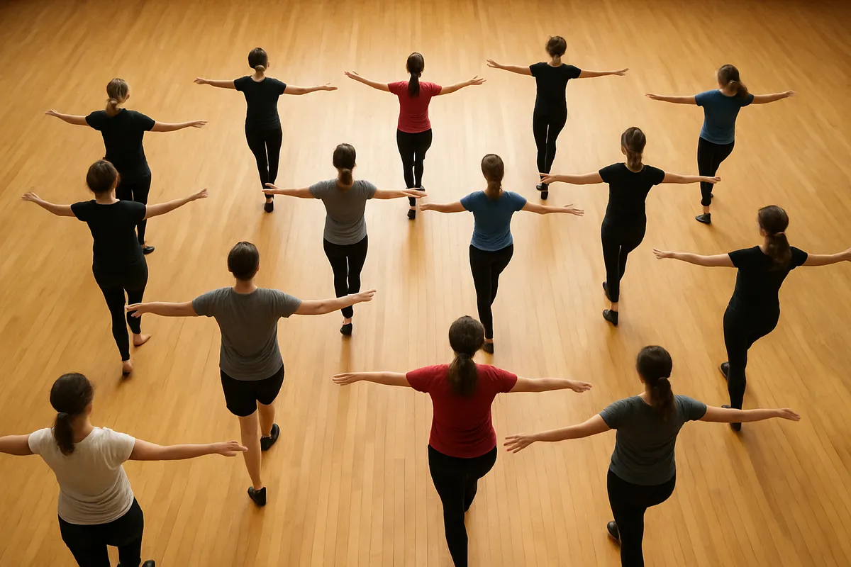 ダンス初心者がスタジオで基本的なステップと姿勢を学んでいる様子。