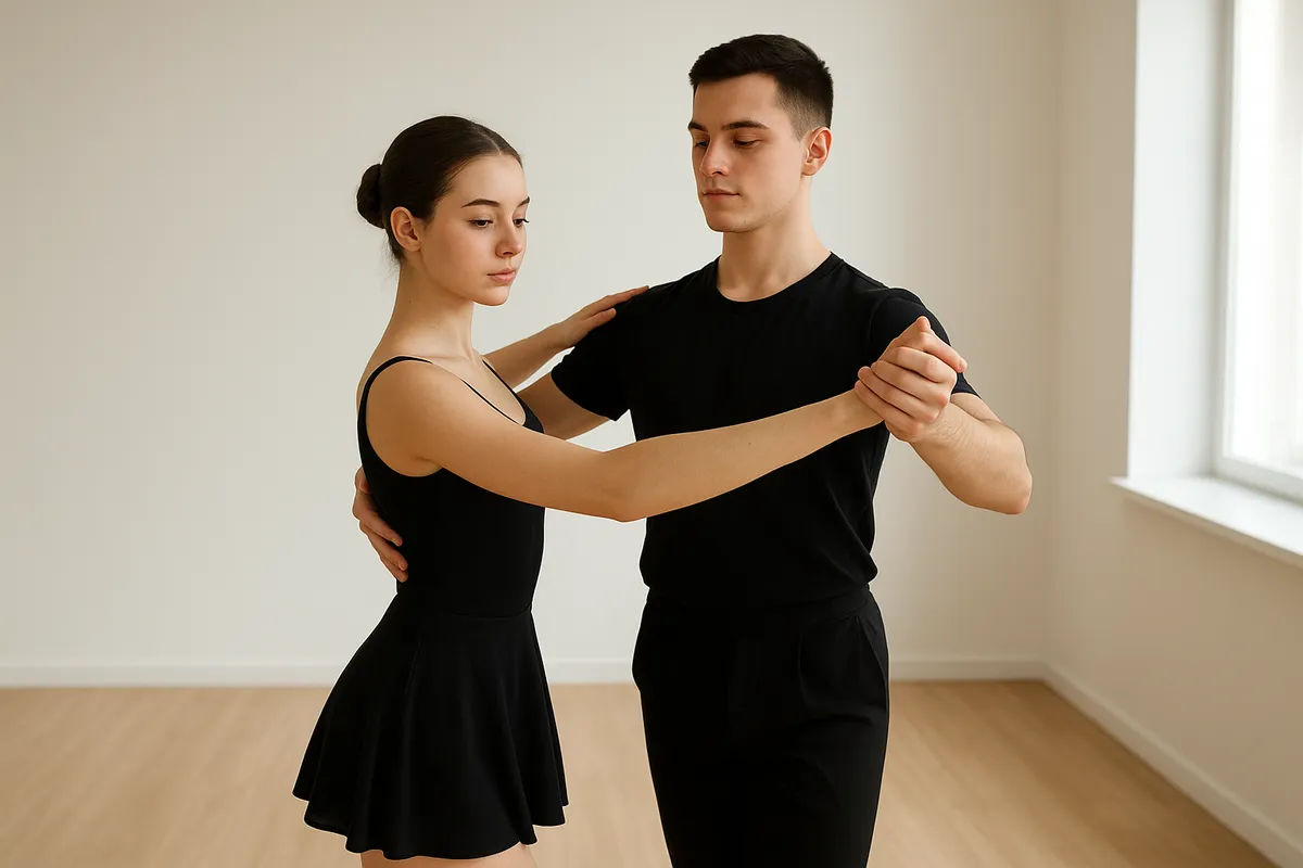 ダンス初心者がスタジオで基本的なステップと姿勢を学んでいる様子。