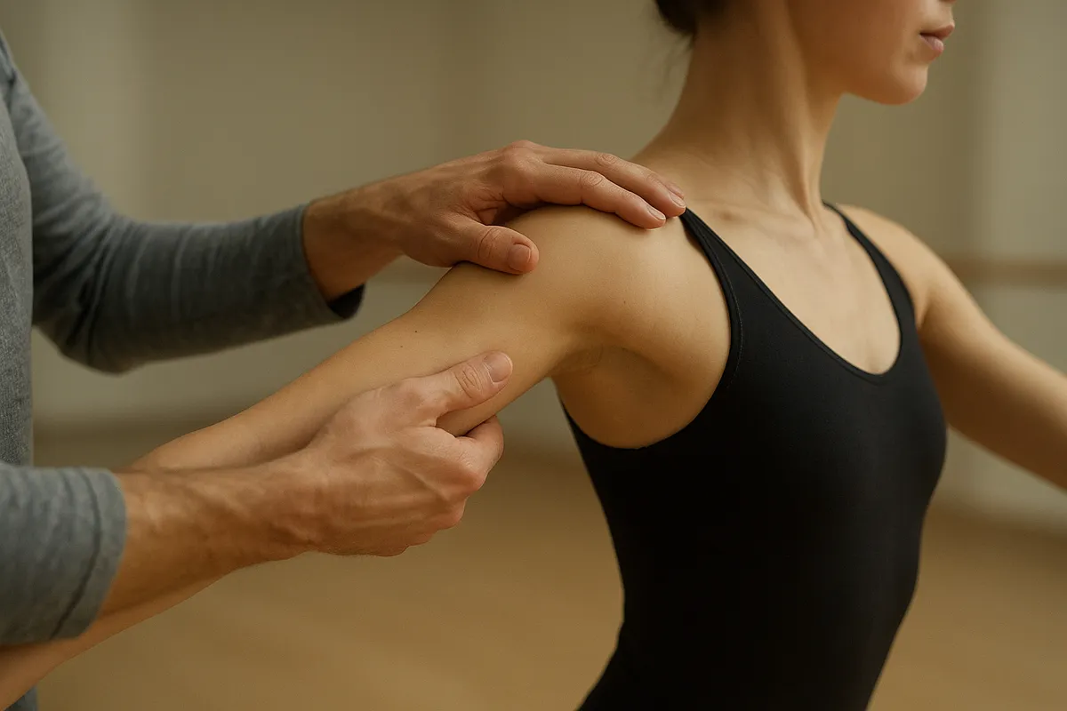 ダンス初心者がスタジオで基本的なステップと姿勢を学んでいる様子。