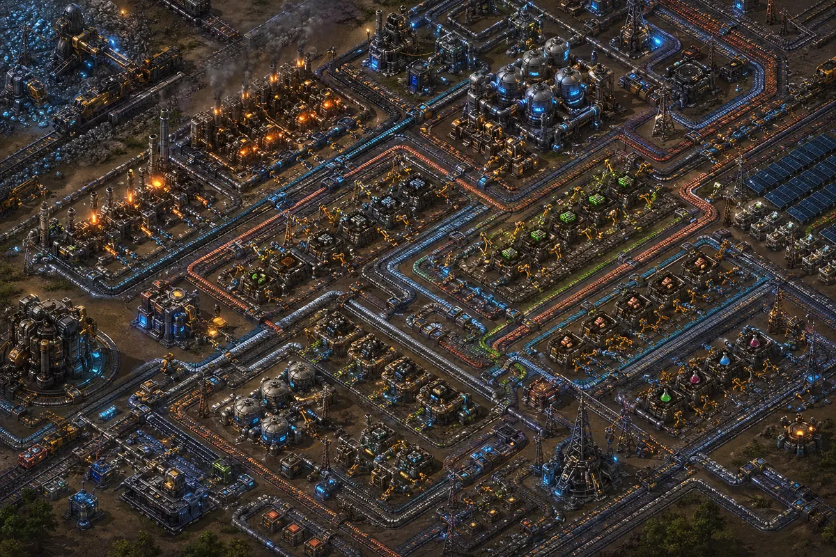 Factorioの複雑な工場システムと生産ラインの攻略ビジュアル