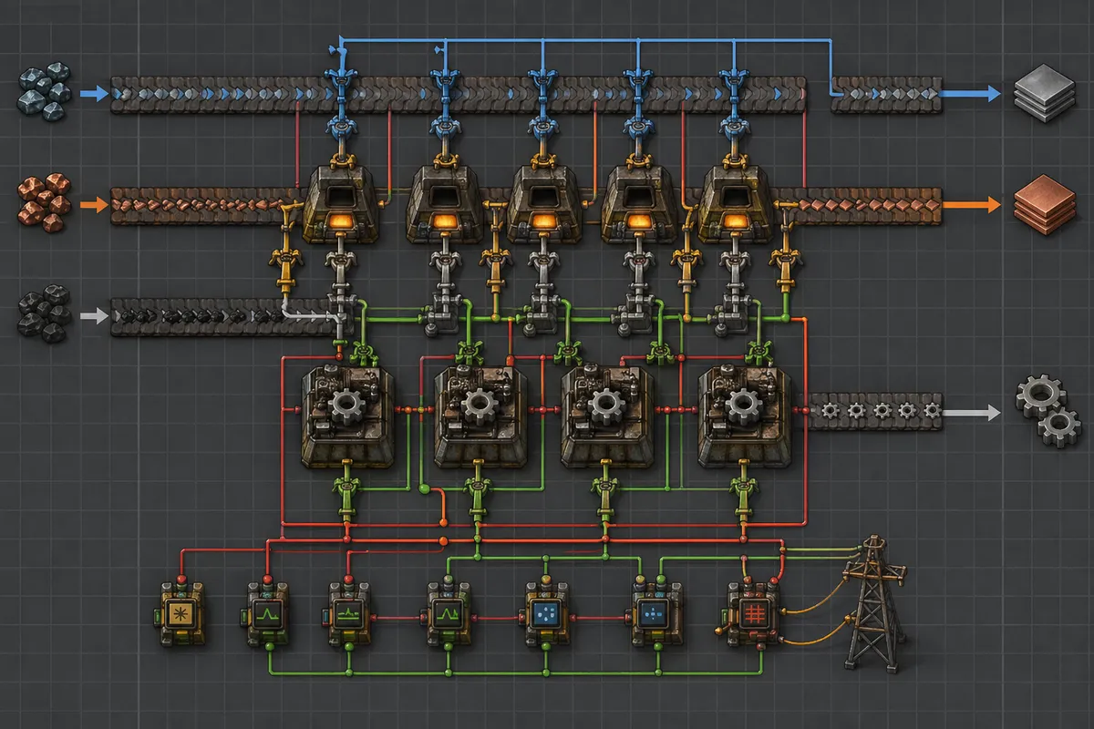 Factorioの複雑な工場システムと生産ラインの攻略ビジュアル