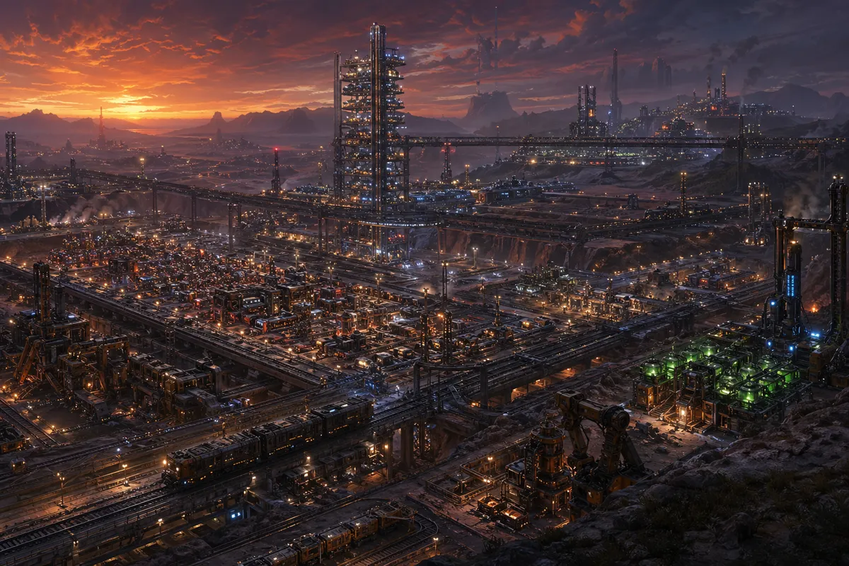 Factorioの複雑な工場システムと生産ラインの攻略ビジュアル