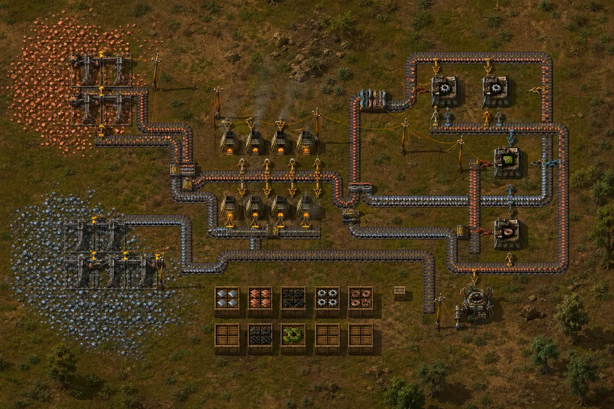 Factorioの複雑な工場システムと生産ラインの攻略ビジュアル