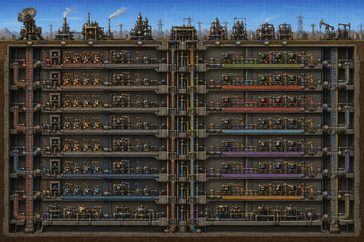 Factorioの複雑な工場システムと生産ラインの攻略ビジュアル