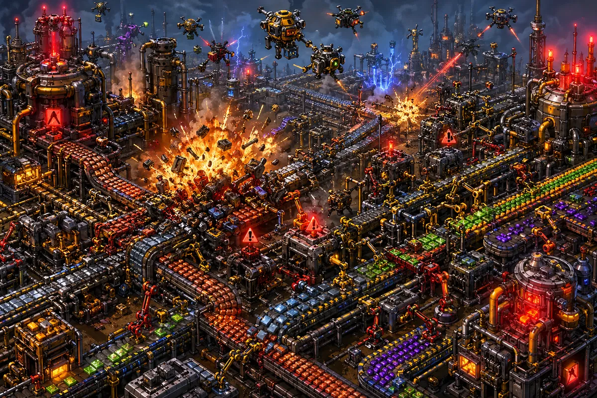 Factorioの複雑な工場システムと生産ラインの攻略ビジュアル