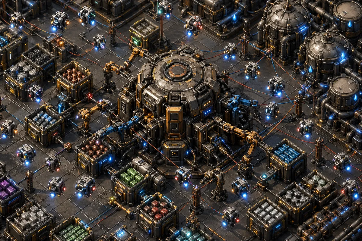 ファクトリオの物流・輸送システムを描いたゲームアート風イラスト