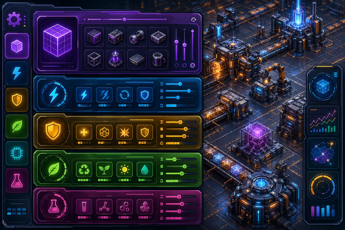 Factorioのカスタマイズを拡張するMODやプラグインシステムの抽象的なデジタルビジュアル。