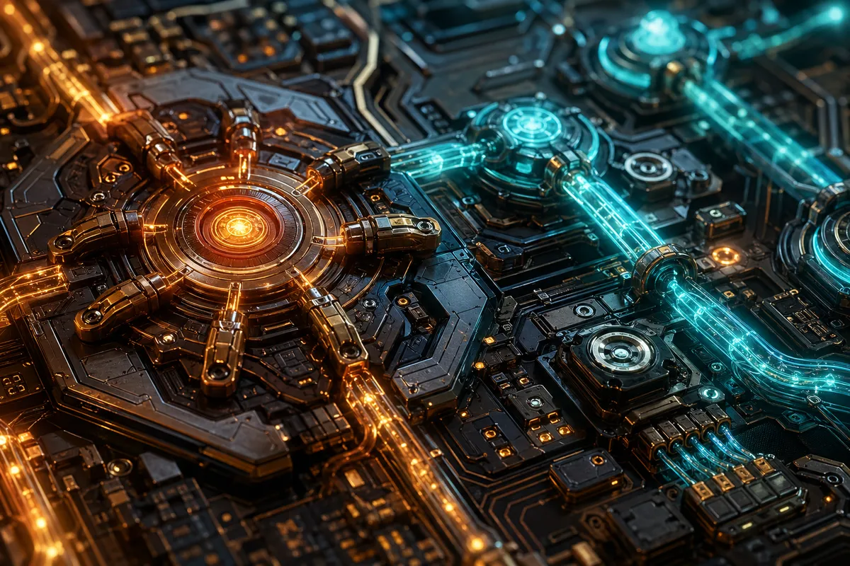 Factorioのカスタマイズを拡張するMODやプラグインシステムの抽象的なデジタルビジュアル。