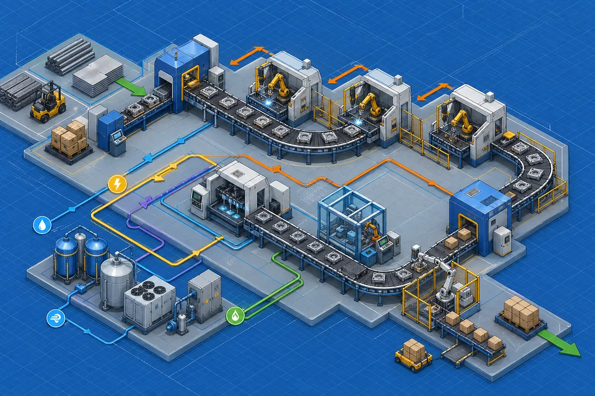ファクトリオの複雑に連結した自動生産ラインと工場システムの技術的なイラスト