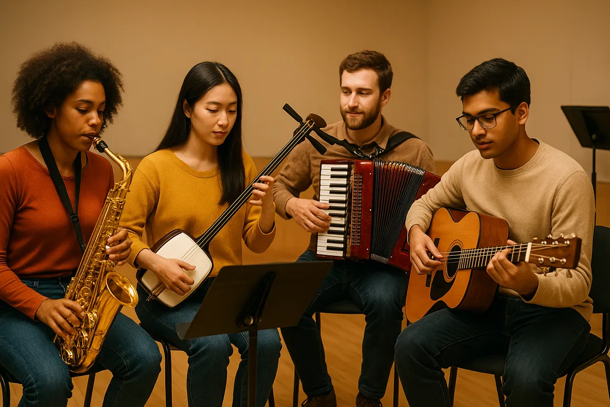 大人初心者向けのニッチ楽器（サックス、三味線、アコーディオン、尺八）の入門シーンと演奏方法の紹介画像