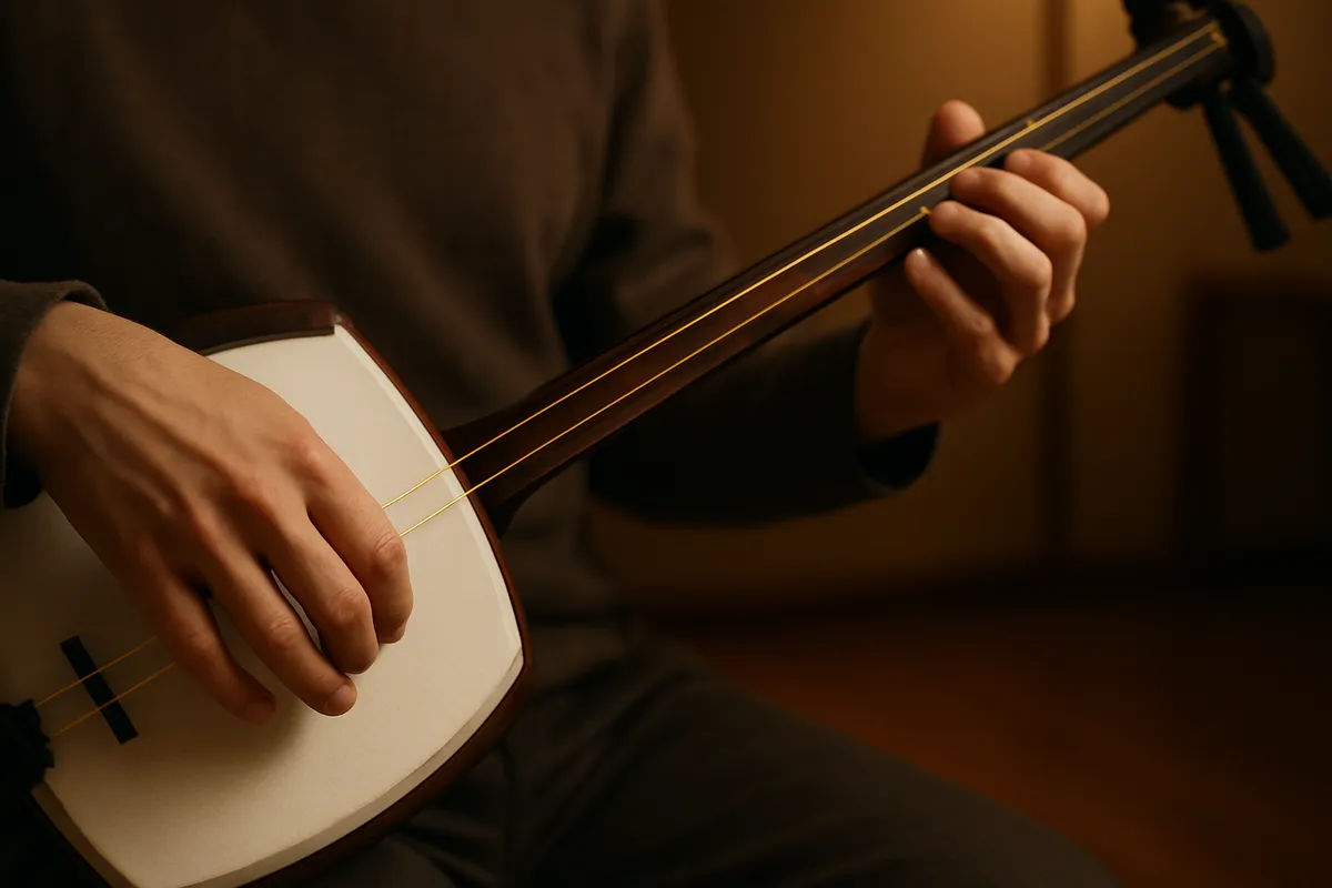 大人向け三味線の演奏技法と楽器の詳細を紹介するコンポジット写真