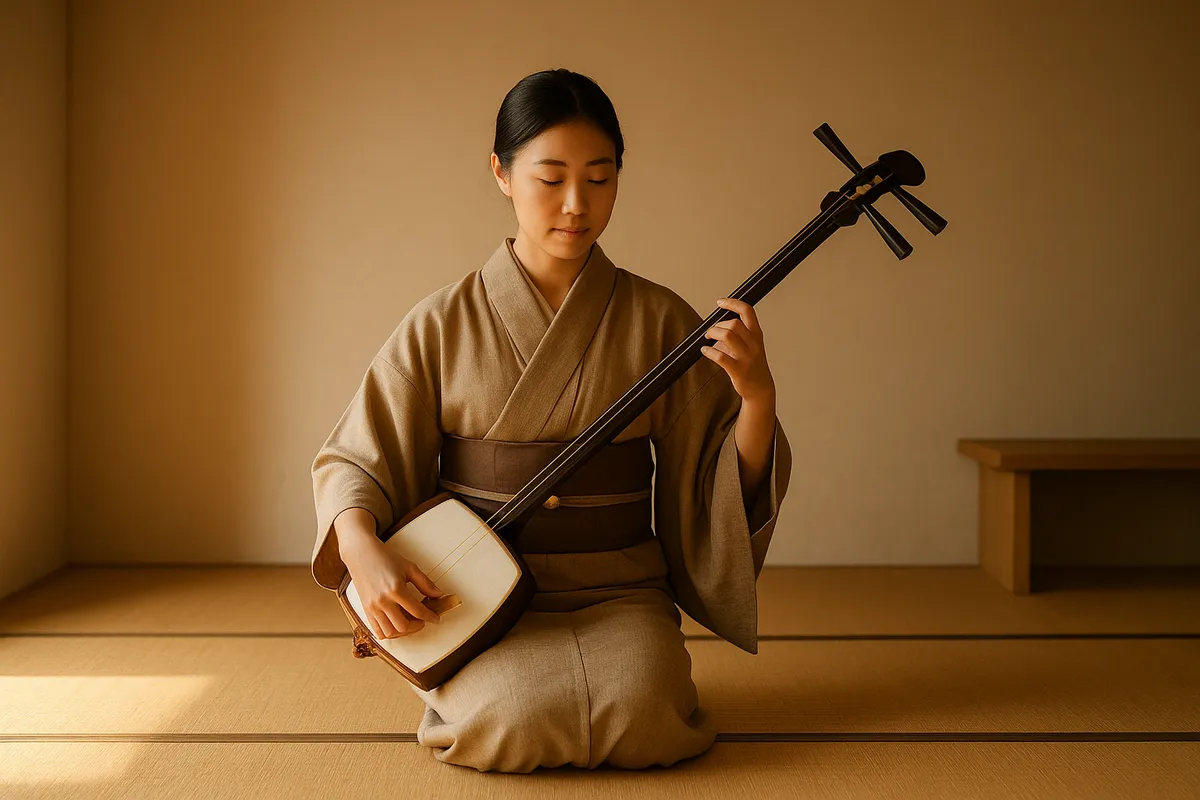 大人向け三味線の演奏技法と楽器の詳細を紹介するコンポジット写真