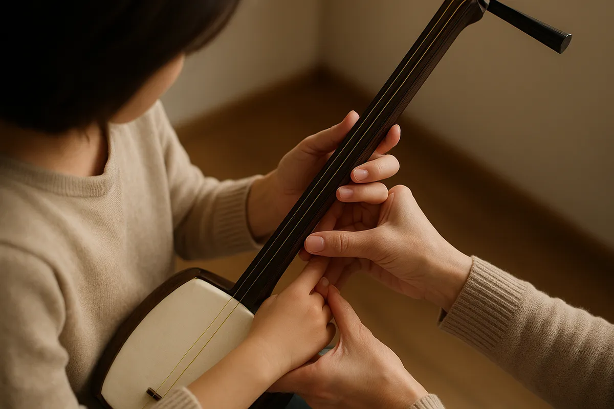大人向け三味線の演奏技法と楽器の詳細を紹介するコンポジット写真