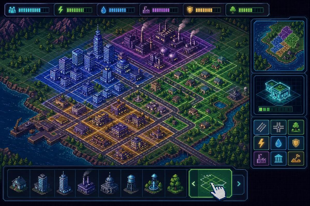箱庭ゲームの街づくりシミュレーション画面を表現したイラスト