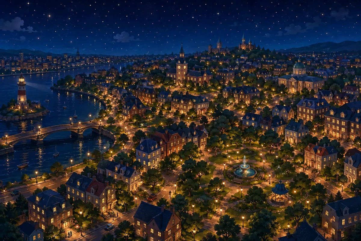 箱庭ゲームの街づくりシミュレーション画面を表現したイラスト