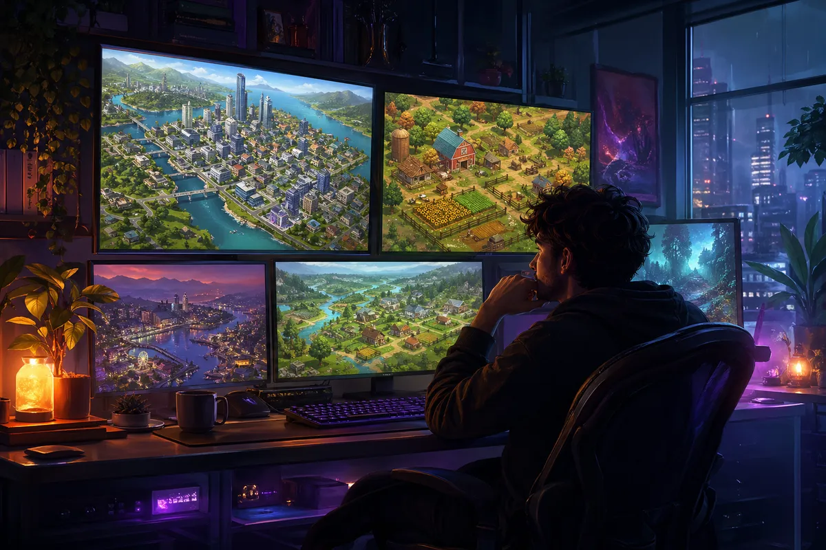 箱庭ゲームの攻略情報とコラムについて、ゲーマーが思索する姿を表現したイラスト。