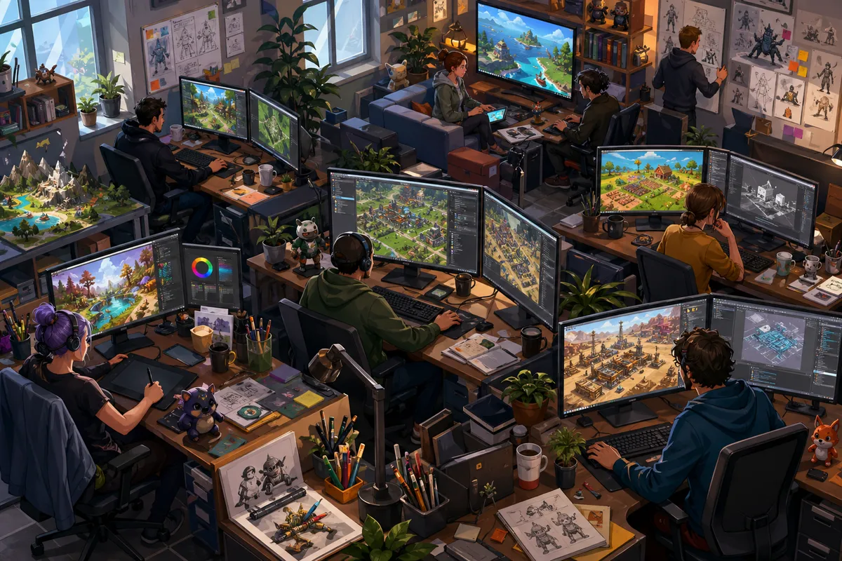 箱庭ゲームの攻略情報とコラムについて、ゲーマーが思索する姿を表現したイラスト。