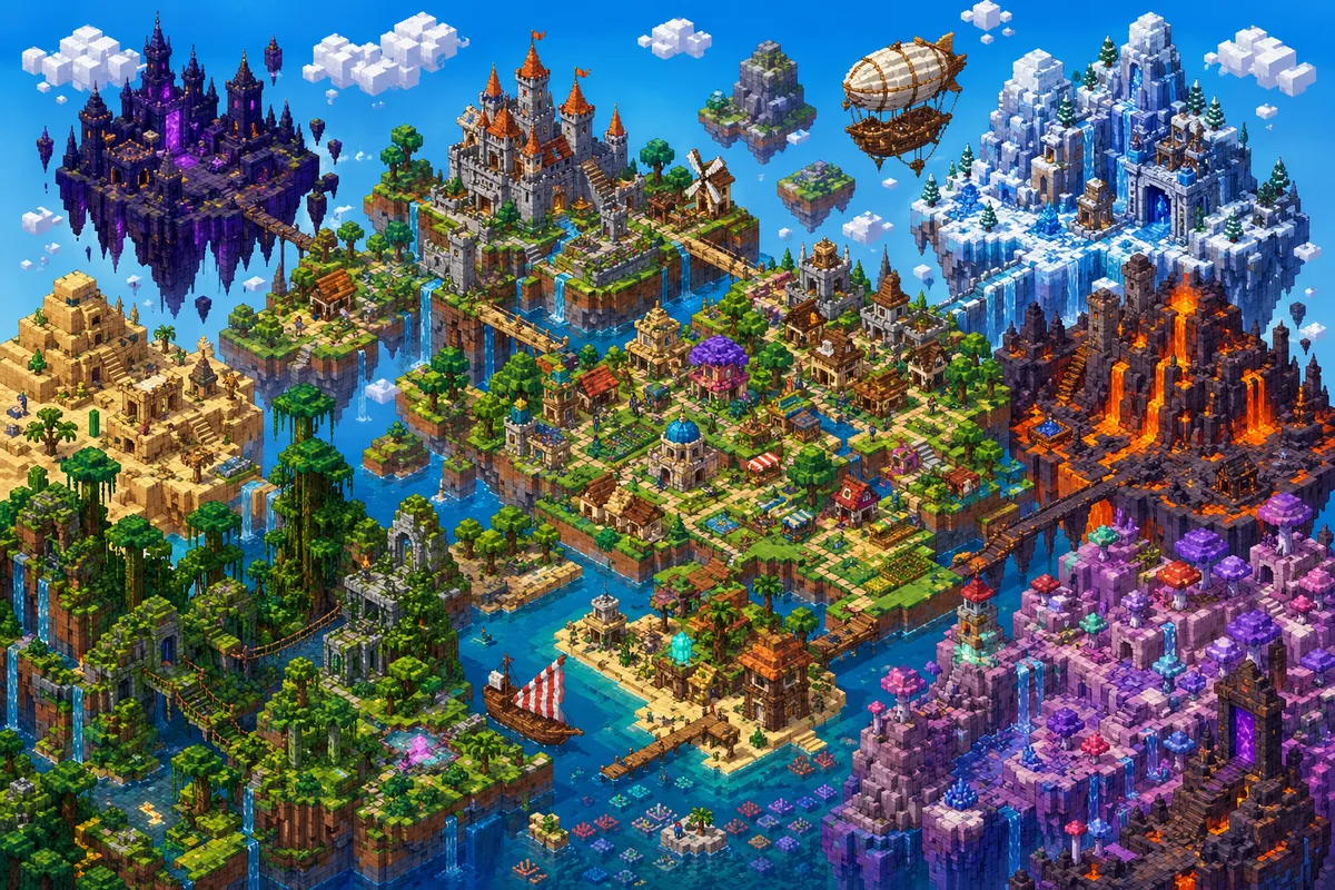 サンドボックスゲームの自由な創作と建築の世界を表現した複数の視点のデジタル画像集。