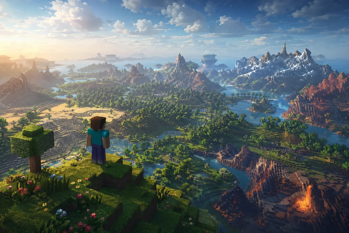 サンドボックスゲームの自由な創作と建築の世界を表現した複数の視点のデジタル画像集。