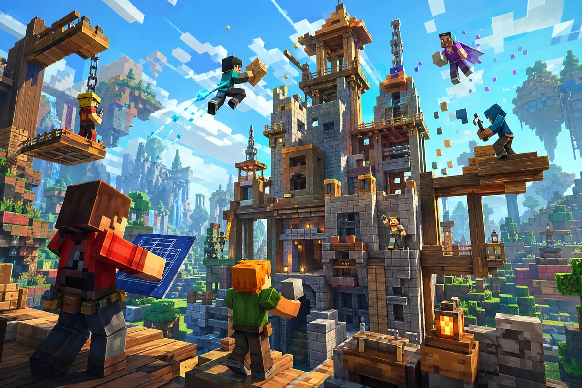 サンドボックスゲームの自由な創作と建築の世界を表現した複数の視点のデジタル画像集。