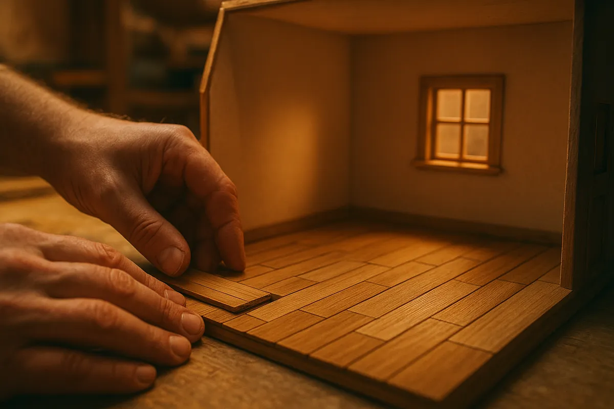 ドールハウス制作の工具、材料、完成品を示す手芸ガイド画像。