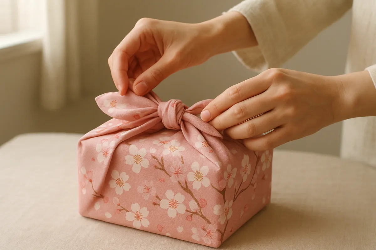 風呂敷の折り方や結び方を示す手工芸のハンズオンガイド画像。