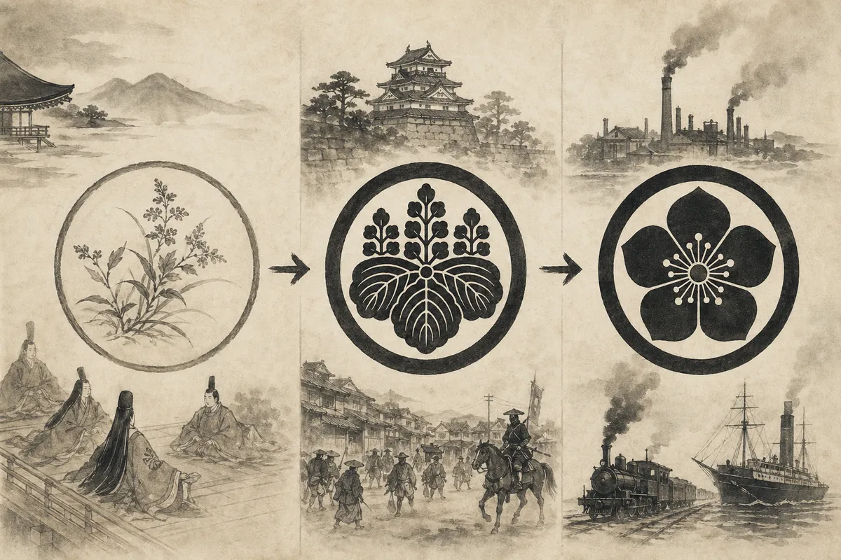日本の家紋の伝統的で幾何学的なデザインを示した教育的な図解。