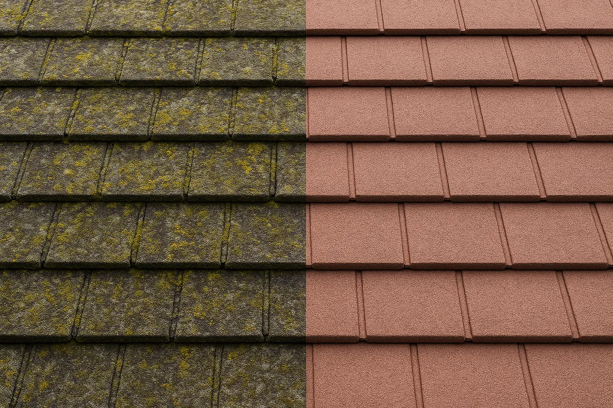 住宅の屋根メンテナンス・修理作業の様々な段階と方法を示す画像集。