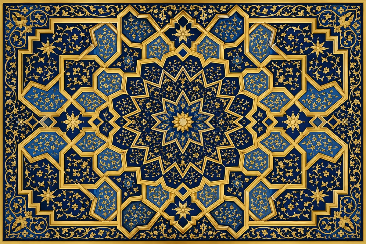イスラム教の基本的な教義と伝統美術を表現した幾何学的装飾とモスク建築の合成イメージ。